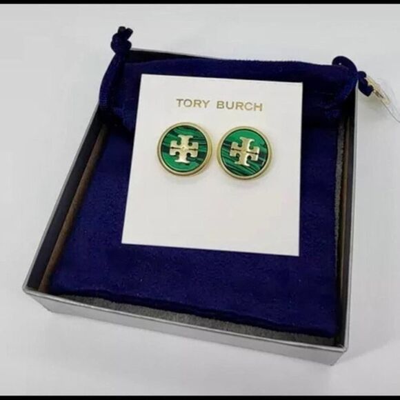 NWOT Tory Burch Gold Logo, Green Malachite Round Stud Earrings - Picture 2 of 4